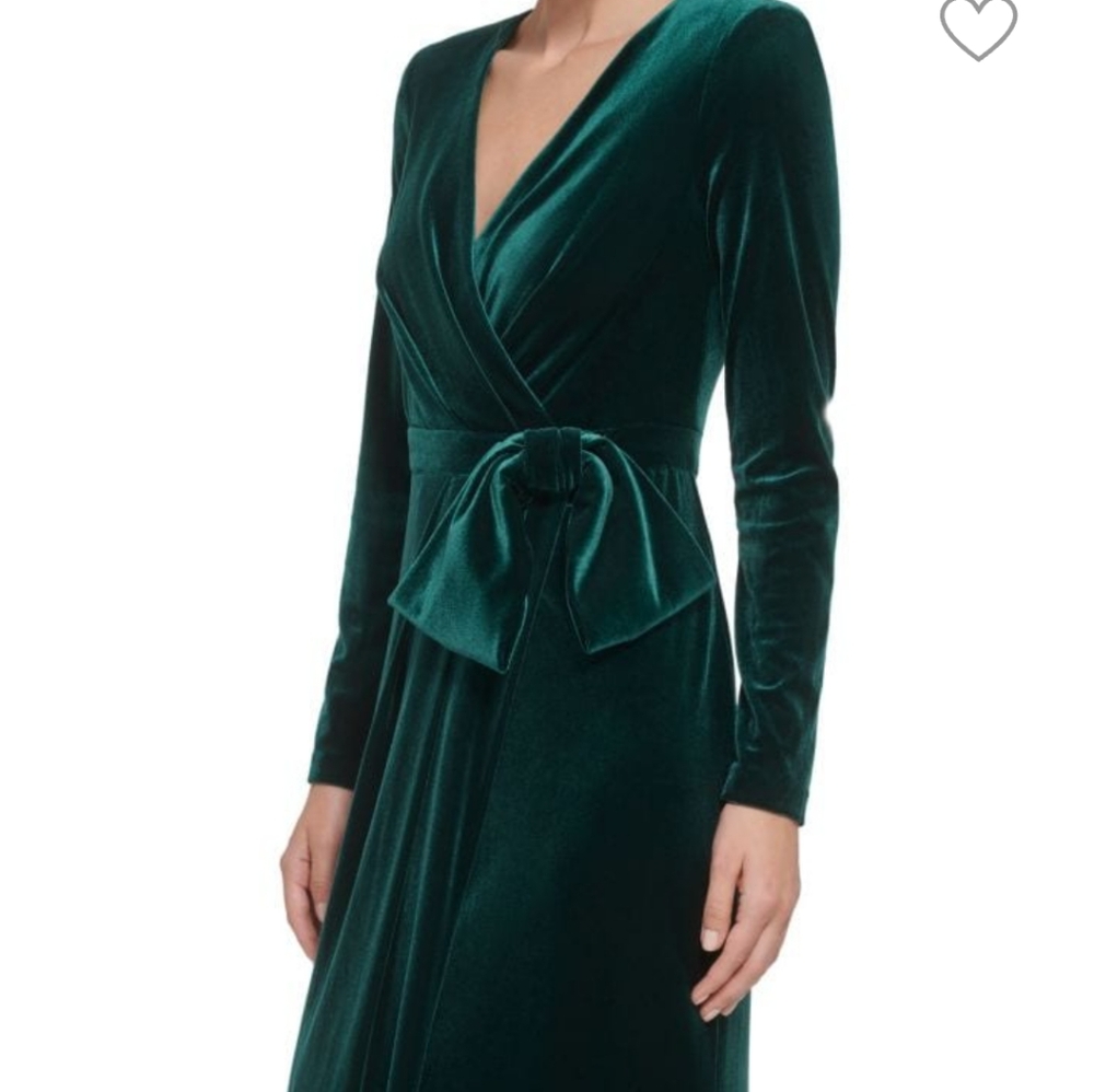 Eliza J emerald green velvet gown dress slit, surplus neckline, maxi long sleeve